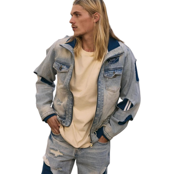 6th NBRHD Stripes Men’s Light Wash Distressed Denim Jacket XL Streetwear Y2K - Picture 1 of 13